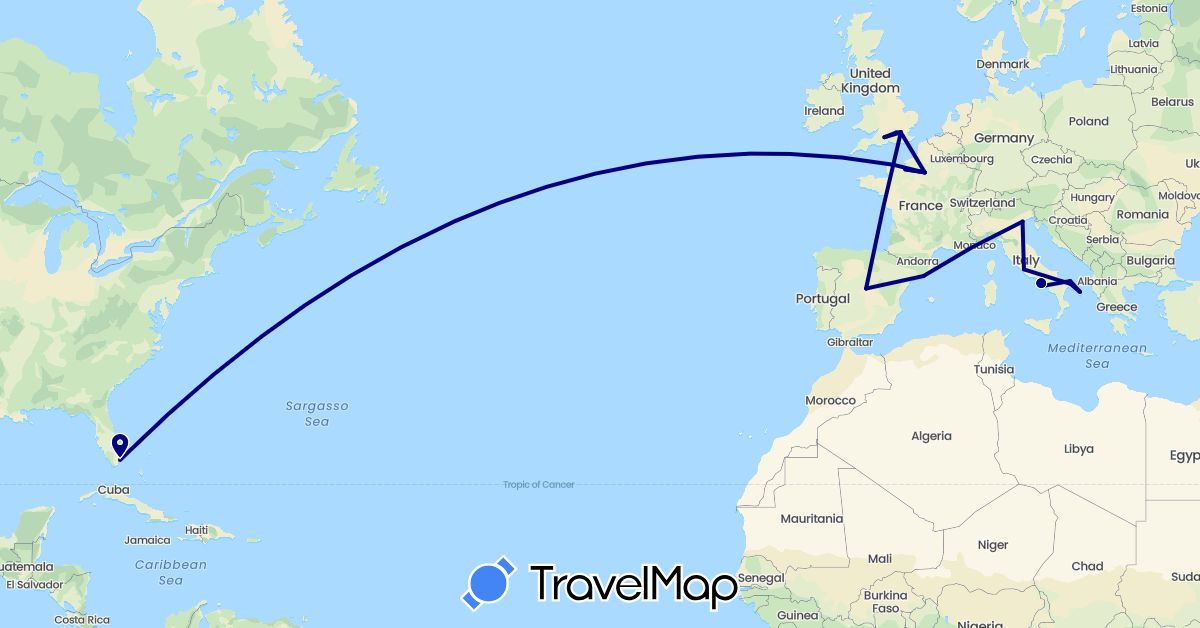 TravelMap itinerary: driving in Spain, France, United Kingdom, Italy, United States (Europe, North America)
